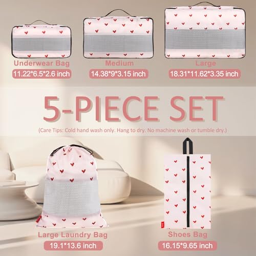U+U 5 Set Packing Cubes for Travel Essentials Ultralight Luggage Packing Organizers with Laundry Bag and Shoe Bag for Vacation, Business Trip and Camping (Sweetheart Pink) - color: Sweetheart Pink