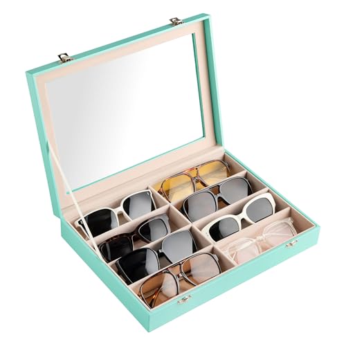 Frebeauty Sunglass Organizer,PU Leather Glasses Organizer,8-Slot Sunglasses Tray with Clear Lid,Men's/Women's Sunglasses Box,Sunglass Case,13.3x9.65x2.48 In,Eyeglass/Eyewear Display Tray(Turquoise) - color: Turquoise, size: With Lid