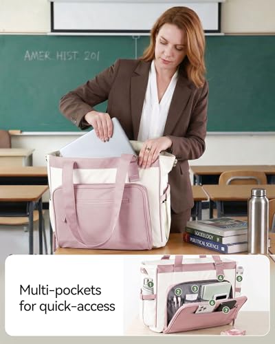 HOMESPON Lunch Bag, 24.5L Large Tote Bag for Women, Laptop Bag Fits 15.6" with Insulated Lunch Compartment & Shoulder Strap, Work Tote for Nurse, Teacher, Office, Commute, Travel, Beige-pink - color: Pink