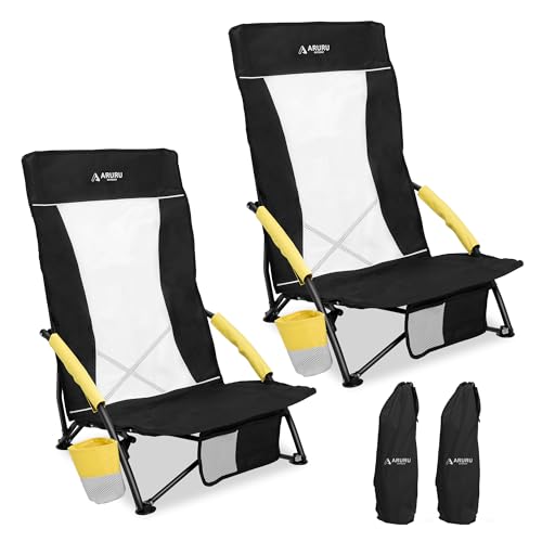Low Beach Chairs for Adults 2 Pack High Back,Folding Portable Sling Beach Camping Chair with Cup Holder,Lightweight Foldable Camp Lawn Chair for Outdoor Sand Concert Travel Sport Events - color: Black-2set, size: High Back