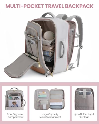 LOVEVOOK Travel Backpack for Women, 40L Carry On Backpack Flight Approved, Large Personal Item Bag Fits 17 inch Laptop, TSA Approved Luggage with 3 Packing Cubes,Waterproof Weekender Gym Essentials - color: Beige-grey-pink, size: 40L