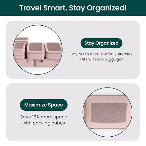 NOBL Travel Compressible Packing Cubes Set, 6 Pieces Travel Packing Organizers, Compression Luggage Cubes for Suitcases & Carry On, Space Saving (XXS, XS, S, M, L, XL) - Blush - color: Blush