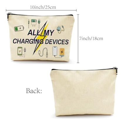 CREATCABIN Charging Cable Organizer Bag All My Charging Devices Bag for Toiletry Travel Washing Storage Portable Makeup Canvas Cosmetic Multi Purpose Pouches for Women Friends 10x7Inch - style: All My Charging Devices