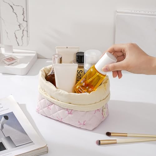 uekeboag Cotton Quilted Drawstring Makeup Bag with Canvas Lining,Coquette Aesthetic Cute Travel Toiletry Bag,Drawstring Gift Bag for Women and Girls（14Heart Bow） - color: 14Heart Bow