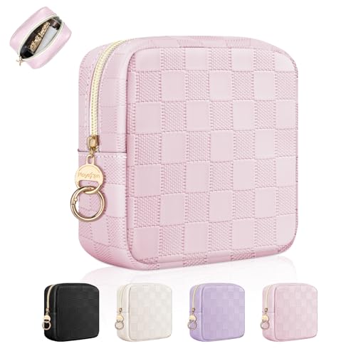 4.9" Small Makeup Bag, Checkered Mini Cosmetics Bag for Purse with Ring Buckle, Portable Small Travel Makeup Pouch for Women, Birthday/Wedding/Christmas Gifts (Checkered, Pink) - color: Checkered Pink-4.9 inch