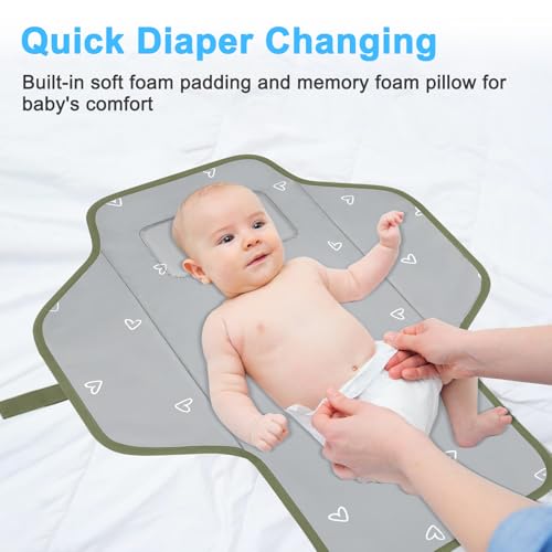 Baby Portable Changing Pad Travel - Waterproof Compact Diaper Changing Mat with Built-in Pillow - Lightweight & Foldable Baby Diaper Changer, Newborn Shower Gifts - color: Sage Green