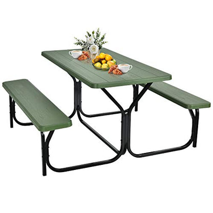 GYMAX Picnic Table, Picnic Bench Easy to Assemble w/All Weather Wood Grain Tabletop & Metal Frame, Picnic Tables for Outdoors Camping Backyard Deck Patio Poolside Dining Party - color: Green