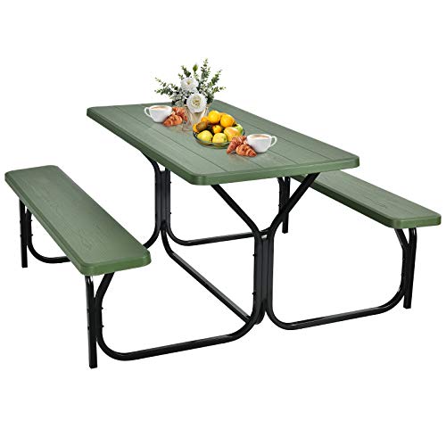 GYMAX Picnic Table, Picnic Bench Easy to Assemble w/All Weather Wood Grain Tabletop & Metal Frame, Picnic Tables for Outdoors Camping Backyard Deck Patio Poolside Dining Party - color: Green