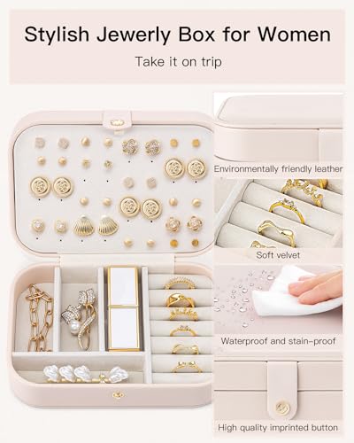 VLANDO Travel Jewelry Case, PU Leather Travel Jewelry Box with Earring Holder, Portable Display Small Jewelry Box for Mothers Day Women Girls Gift - Pink - color: B.Pink