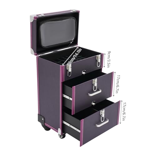 Large Capacity Rolling Cosmetic Case, Travel Trolley Case Mobile Storage Box, Multifunctional Makeup Train Case, Portable Tool Organizer with Lock and Universal Wheels for Beauty Salon Nail (Purple)
