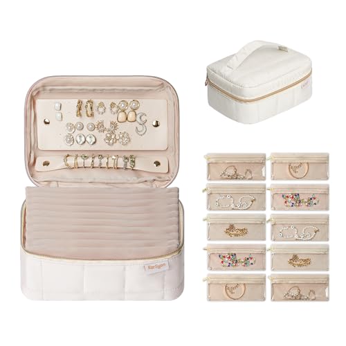 KarSyon Travel Jewelry Case Organizer Jewelry Box with 10 Velvet Pouches Mini Jewelry Organizers Storage for Girls/Women Small Cute Puffer Bags for Earrings,Rings,Necklaces,Bracelets (Beige, Large) - color: Beige, size: Large