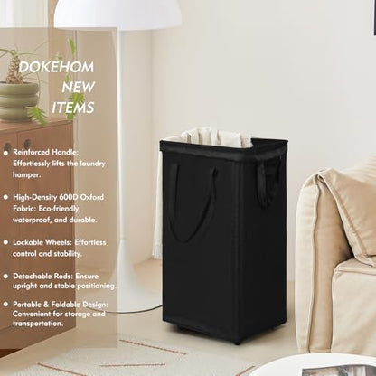 DOKEHOM 90L X-Large Laundry Basket with Removable Wash Bag on Wheels, Collapsible Rolling Laundry Hamper, Foldable Clothes Organizer, Folding Washing Bin (Black) - color: Black, size: X-Large Pro 29"