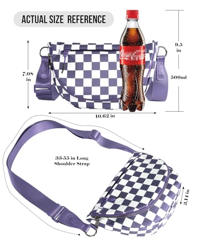 Crescent Bag for Women and Men, Fashion Medium Nylon Folding Crescent Moon Bag Single Shoulder Bag with Adjustable Strap - color: Crossbody bag- Cloud Purple Checkered
