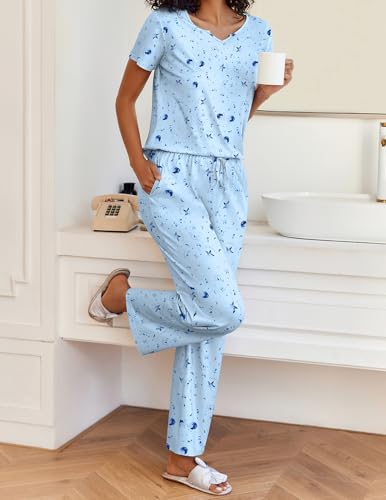 Ekouaer 2 Piece Womens Pajamas Short Sleeve Top and Long Pants Pjs Set Printed Sleepwear with Pocket - color: Blue Moon, size: Large