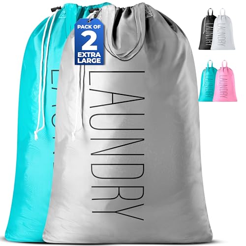 Handy Laundry Extra Large Travel Laundry Bags 2-Pack – 24 x 36 Inches Heavy Duty Water-Resistant Dirty Clothes Bags for Travel, Camping, Dorm, Family – Sturdy Drawstring Closure, Teal-Grey Print - color: Teal-grey | Laundry