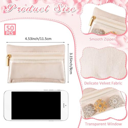 Uiifan Travel Jewelry Organizer Flannel Jewelry Bags Portable Jewelry Pouch with Zipper Pockets for Women Girl Gift - color: Beige and Clear