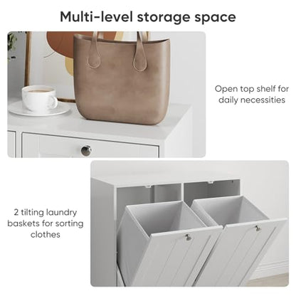 Double Tilt-Out Laundry Hamper Cabinet, Modern Hidden Laundry Hamper with 2 Removable Baskets, Free-Standing Bathroom Storage Cabinet, Anti-tiltdevice, (26.8" Tall White)