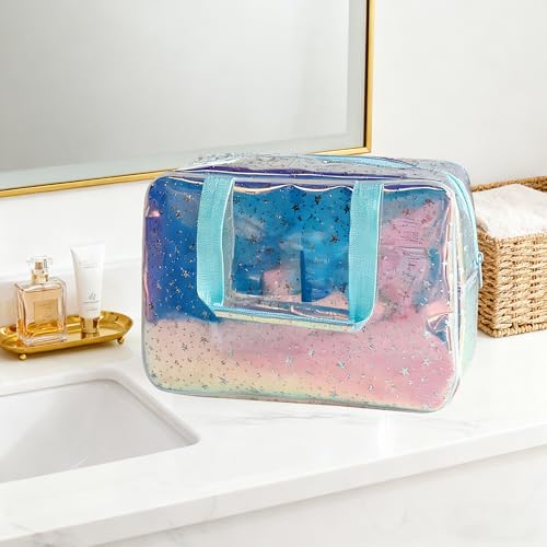 Holographic Blue Clear Star Large Cosmetic Bag and TPU Travel Pouch with Handle,Durable Material,Zipper Design-Ideal for Makeup,Travel Essentials (Holographic Blue+Stars) - color: Holographic Blue+stars