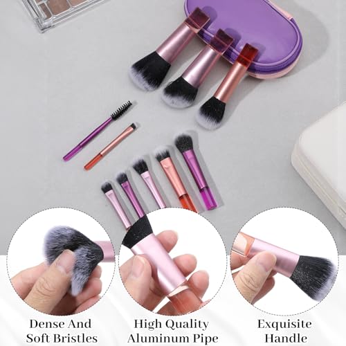 10 Pcs Mini Travel Makeup Brushes Set with Pouch, Short Handle Makeup Brushes for Women Girls Portable Full Complete Function Cosmetic Kit Brush Blush Powder Eye Shadow - color: Purple