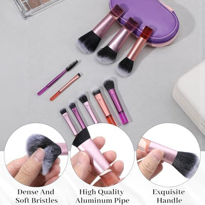 10 Pcs Mini Travel Makeup Brushes Set with Pouch, Short Handle Makeup Brushes for Women Girls Portable Full Complete Function Cosmetic Kit Brush Blush Powder Eye Shadow - color: Purple