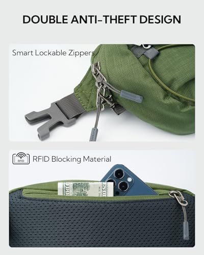WATERFLY Lightweight Small Fanny Pack: 1.5L Mini Slim Crossbody Waist Belt Hip Bag with RFID Blocking, Anti-Theft & Water Resistant Pouch for Women Men Travel Hiking Running Walking EDC - color: Green