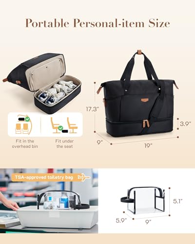 Missnine Weekender Bag for Women, Foldie Travel Bag Expandable with Shoes Compartment Travel Duffel 50L Carry on Overnight Gym - color: Black, size: Set (2 Pcs)