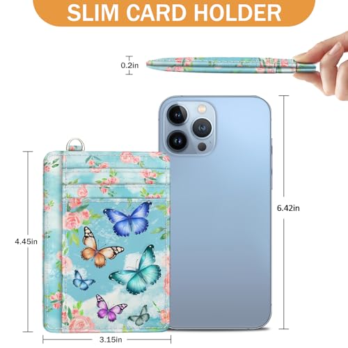 Yonlevres Credit Card Holder Slim Wallet, Butterfly RFID Wallet Women Front Pocket Small Card Holder, Travel Cute Funny Thin Card Case ID Window PU Leather RFID Blocking Card Organizer Gifts Girls - color: Butterfly Flower