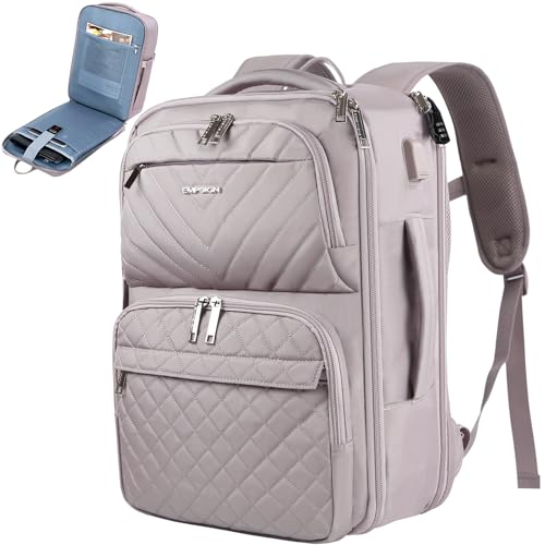 EMPSIGN Carry on Travel Backpack for Women & Men, 17 inch Large TSA Friendly Laptop Backpack with USB Port, Airline Approved Carry On Luggage, Travel Essentials, Weekender Overnight Bags, Grey Pink - color: Quilted Grey Pink, size: 17 Inch
