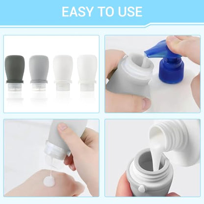 Starfa 4 Pack Silicone Travel Bottles (1oz),Leakproof Mini Lotion Bottles & Dressing Containers with Lids,Reusable Toiletry Squeeze Tubes for Shampoo,Conditioner,and Condiments - color: Black,Grey, White, Clear