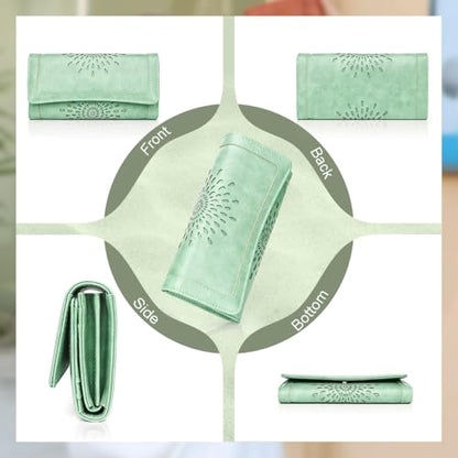 APHISON Womens Wallets RFID Blocking Leather Clutch Long Wallet for Women Card Holder Phone Organizer Ladies Travel Purse Hollow Out Sunflower Design Gift - color: A5-Peppermint Mambo Green