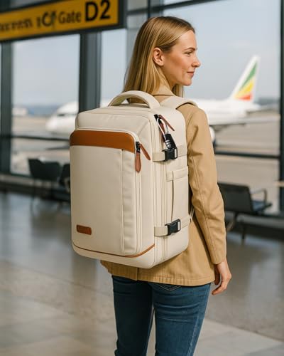 Vancropak Travel Backpack for Women, Airline Approved Carry On Backpack with 3 Packing Cubes, Expandable Large 40L Travel Bag fits 17" Laptop, Anti Theft Luggage Suitcase Weekend Daypack, White Brown - color: White Brown
