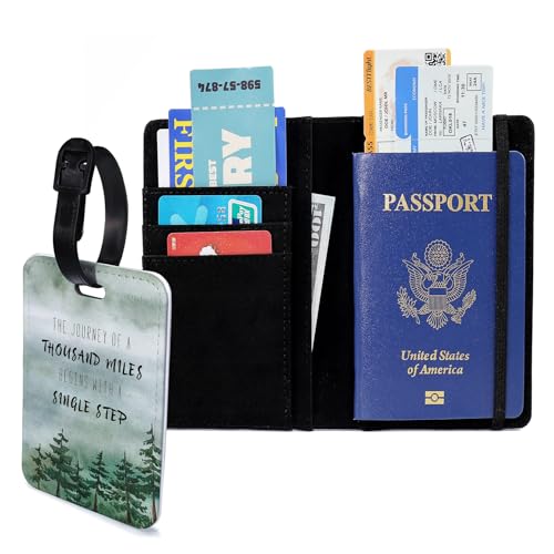 Passport Holder Set,Passport Holder and Luggage Tag,Cover for Men and Women,Wallet, Case,Travel Accessories（5.82 * 3.93 inch） - color: Green trees(Passport Holder + Luggage Tag)