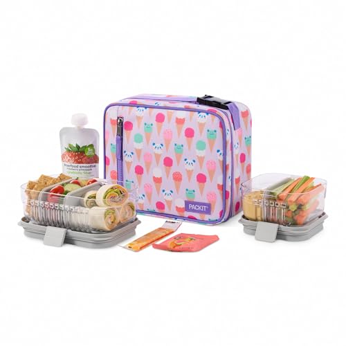 PackIt Freezable Classic Lunch Box, Ice Cream Critters, Built with EcoFreeze Technology, Collapsible, Reusable, Zip Closure With Zip Front Pocket and Buckle Handle, Designed for Fresh Lunch On the Go - color: Ice Cream Critters