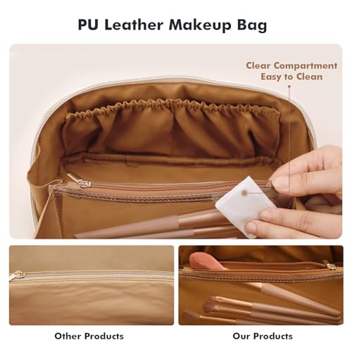 Prite Makeup Bag for Women Travel Waterproof Vegan Leather Cosmetic Bag Open Flat Toiletry Bag With Clear Divider and Handle (New Brown, Medium) - color: New Brown, size: Medium