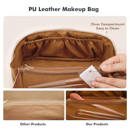 Prite Makeup Bag for Women Travel Waterproof Vegan Leather Cosmetic Bag Open Flat Toiletry Bag With Clear Divider and Handle (New Brown, Medium) - color: New Brown, size: Medium