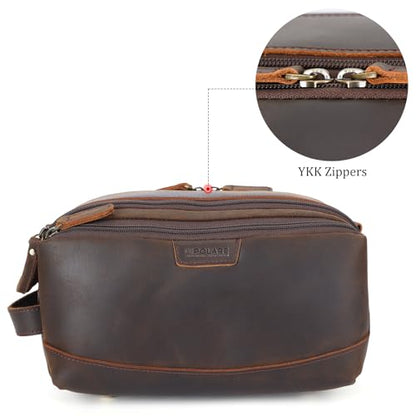 Polare Full Grain Leather Toiletry Bag for Men Large Travel Cosmetic Case Dopp Kit Shaving Kit Wash Pouch with YKK Zippers - color: Dark Brown