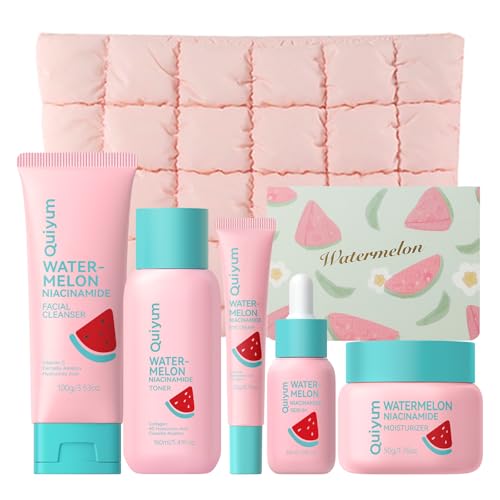 QUIYUM Watermelon & Niacinamide Skincare Heroes (5-Pieces), Beauty Skin Care Gift Set with Cleanser, Toner, Eye Cream, Moisturizer, Serum, Facial Juicy Glow Up Set with Makeup Bag, for All Skin Types - size: 5-Pieces