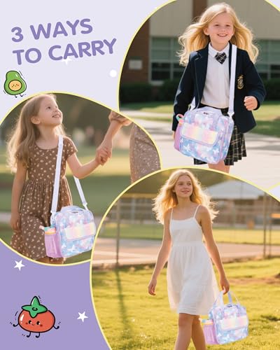 Butterfly Pattern Kids Lunch Bag with Adjustable Shoulder Strap Keeps Food Hot or Cold 5L Capacity Side Water-bottle Holder Waterproof Toddler Insulated Lunchbox for School Travel Picnic - color: Butterflies