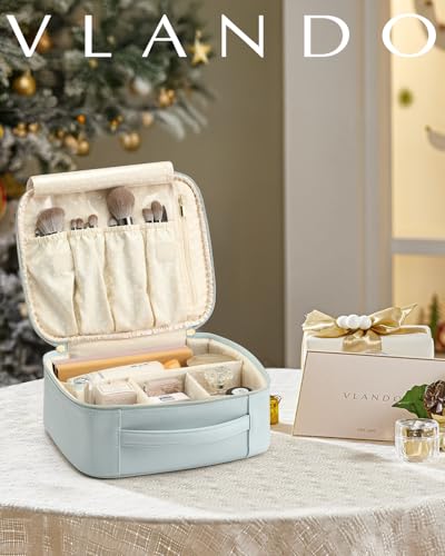 VLANDO Makeup Bag, Travel Makeup Bags,Large Portable Make Up Bag Organzier with Dividers and Handle Gifts for Women Girls,Traveler,Christmas,Wedding Blue - color: A.Blue