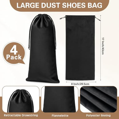 Amylove 4 Pcs Flannel Cloth Shoe Bags for Travel, 8 x 17 Inches Dust Pouch with Drawstring Closure, Washable Breathable Cotton Fabric for Luggage (Black) - color: Black