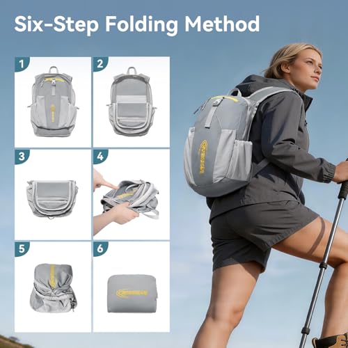 16L Small Hiking Backpack, CROSSGEAR Lightweight Waterproof Foldable Backpack, Travel Camping Outdoor Daypack for Women Men, Gray