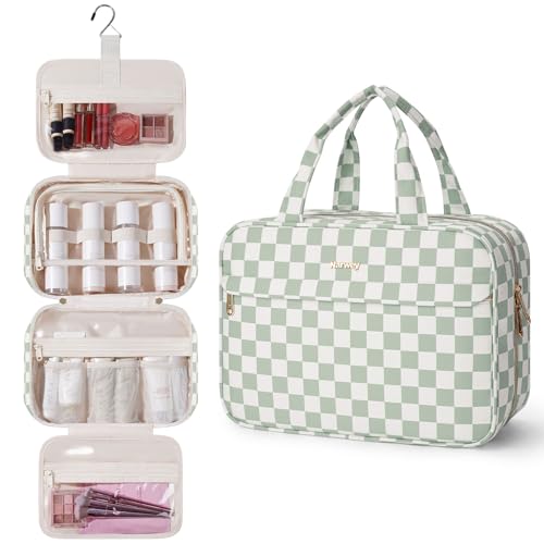 Narwey Hanging Travel Toiletry Bag for Women Checkered Makeup Bag Organizer Cosmetic Make up Toiletries Bag for Travel Essentials Accessories (Mint Green Checkerboard, Large) - color: Mint Green Checkerboard, size: Large