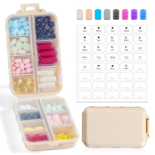 14 GRIDS Travel Pill Organizer Box with Labels - Travel Medicine Case Kit - Pocket Daily Pharmacy Container - Travel Medication Holder Dispenser for Fish Oil Vitamin Supplement Storage - Khaki - color: Khaki, size: with White Labels