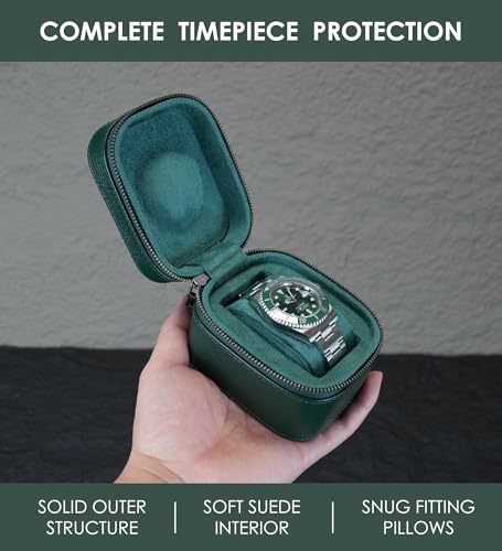 Watch Travel Box, Real Genuine Leather Single Watch Roll Case for Man and Women Watch Packing Storage Organizer with Suede to Protection Zipper Fit All Watches Up to 60mm (1W-Z-GRR) - color: 1W-Z-GRR
