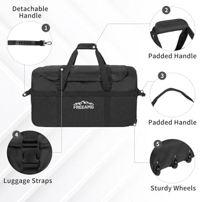 120L Foldable Rolling Duffel Bag with 3 Wheels And Handle, 30 inch Large Travel Duffle Bag for Travel, Camping, Outdoors - color: Black