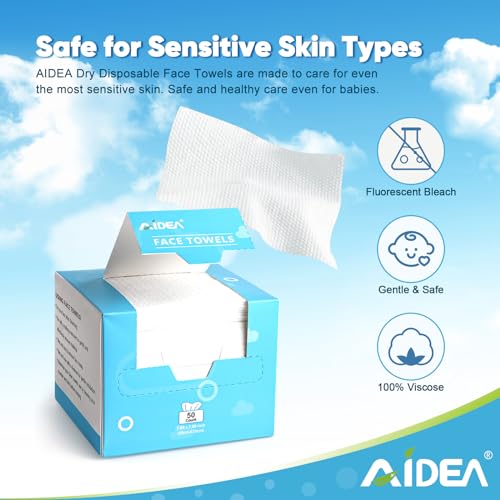 AIDEA Face Towels Disposable-100Ct (2 Box), Clean Facial Towelettes for Sensitive Skin, Cleansing Wipes for Makeup Removing, Nursing, Travel, Dry Wipes Face Cloths - style: 7.87" x 7.87" (Pack of 100)