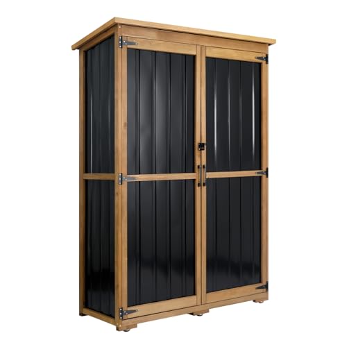 Ketive Outdoor Storage Cabinet, Wood & Metal Storage Shed with Weather-Resistant Roof, Double Lockable Doors, Removable Shelves & Adjustable Feet, for Patio, Backyard, Poolside, 46" x 18" x 68" - color: Black, size: 46" x 18" x 68"