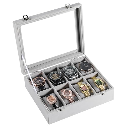 Frebeauty 8-Slot Watch Box,Velvet Watch Case with Glass Lid,Watch Organizer Box for Men and Women,Lockable Watch Storage,Watch Display Case,Ideal Gift(Grey) - color: Grey, size: 8 Slots