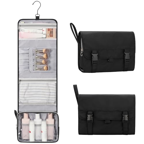 Travel Hanging Toiletry Bag with Makeup Brush Board, Portable Toiletries Bag with Hanging Hook, Water Resistant Wash Bag, Makeup Organizer with Cosmetics for Full Sized Travel Essentials - Black - color: 01A Black with Makeup Board, size: Large