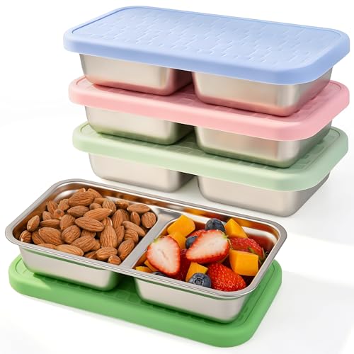 4 Pack 14 oz Stainless Steel Snack Containers, 2 Compartment Leakproof Metal Bento Box with Silicone Lids, Divided Food Storage for Meal Prep, Portion Control, Lunch, Travel, Camping - color: 2 Compartments – A